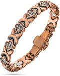 Rose gold copper clover magnetic bracelet with cz crystals embedded in links and secure magnetic clasps