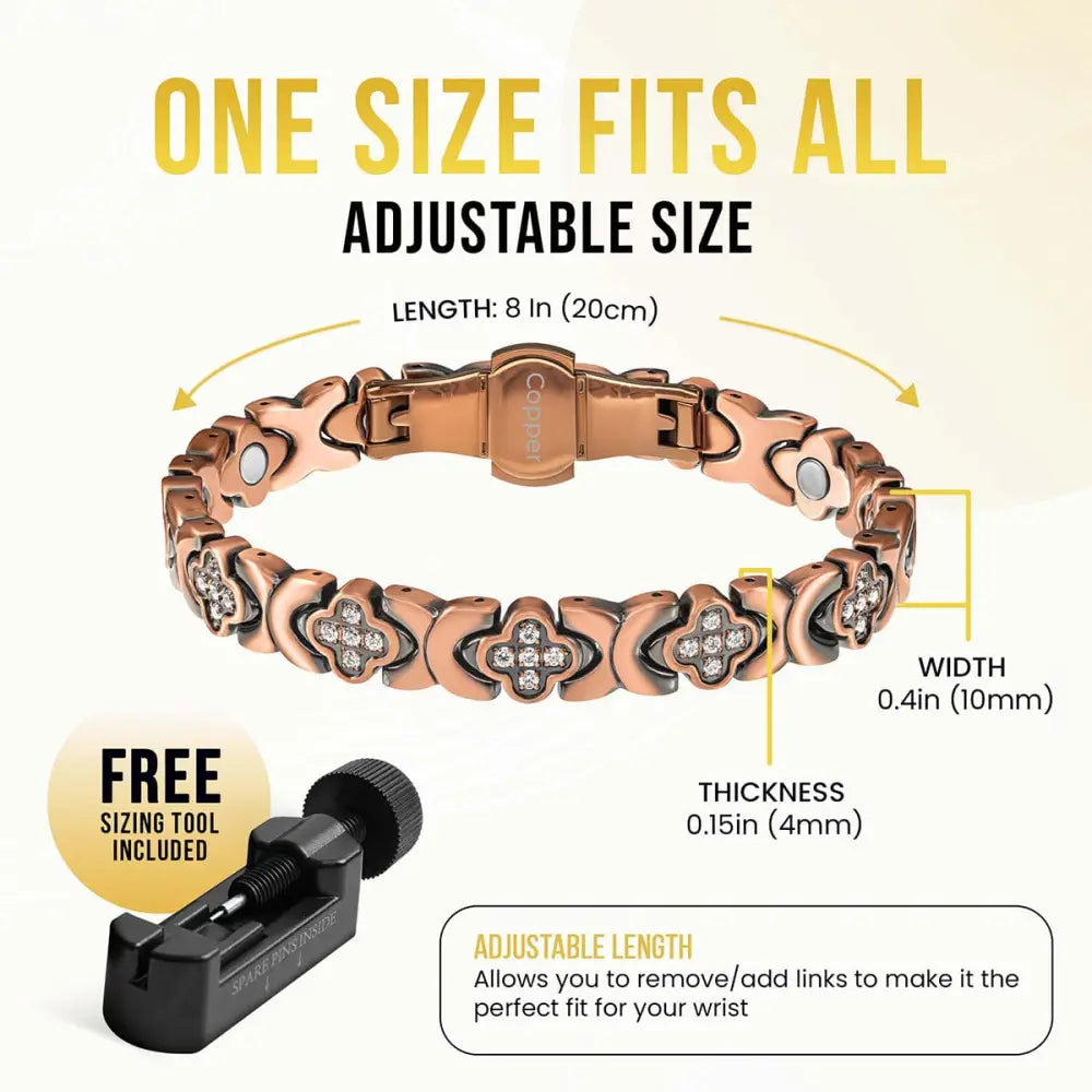 Rose gold copper clover magnetic bracelet with cz crystals and a central clasp engraved with the brand name