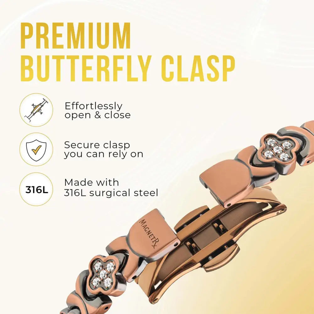 Rose gold copper clover magnetic bracelet with cz crystals featuring clover-shaped links and a premium butterfly clasp