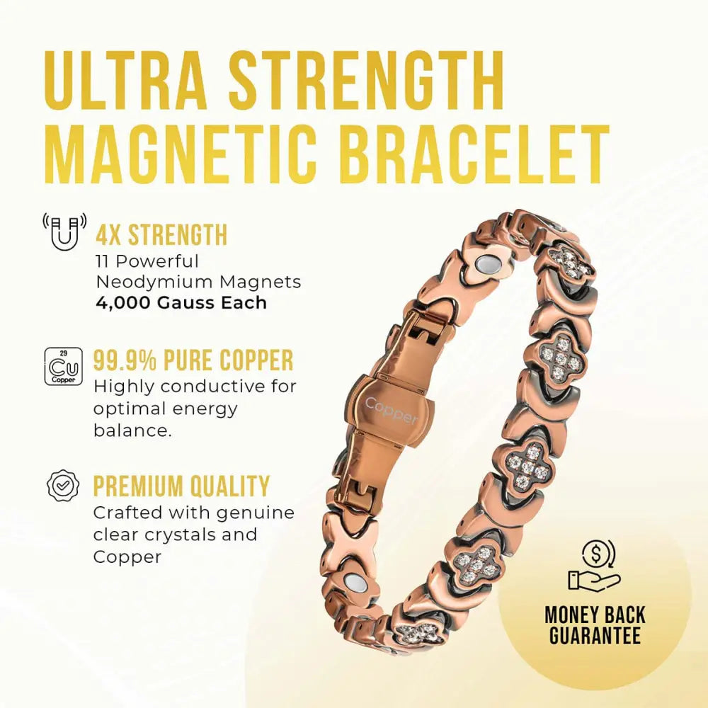 Rose gold copper clover magnetic bracelet with cz crystals featuring clover-shaped links adorned with clear crystals