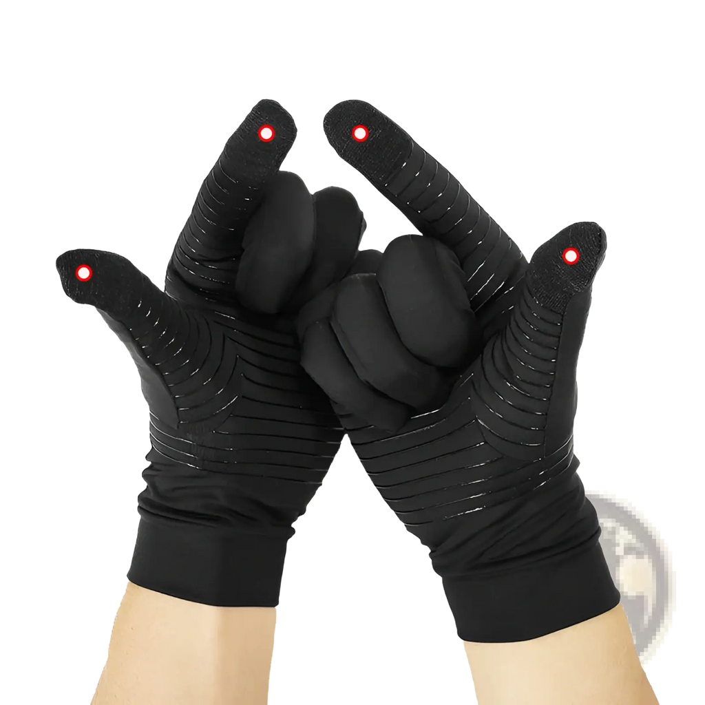 Black copper fiber touchscreen riding gloves for women with red led lights on fingertips showing back side