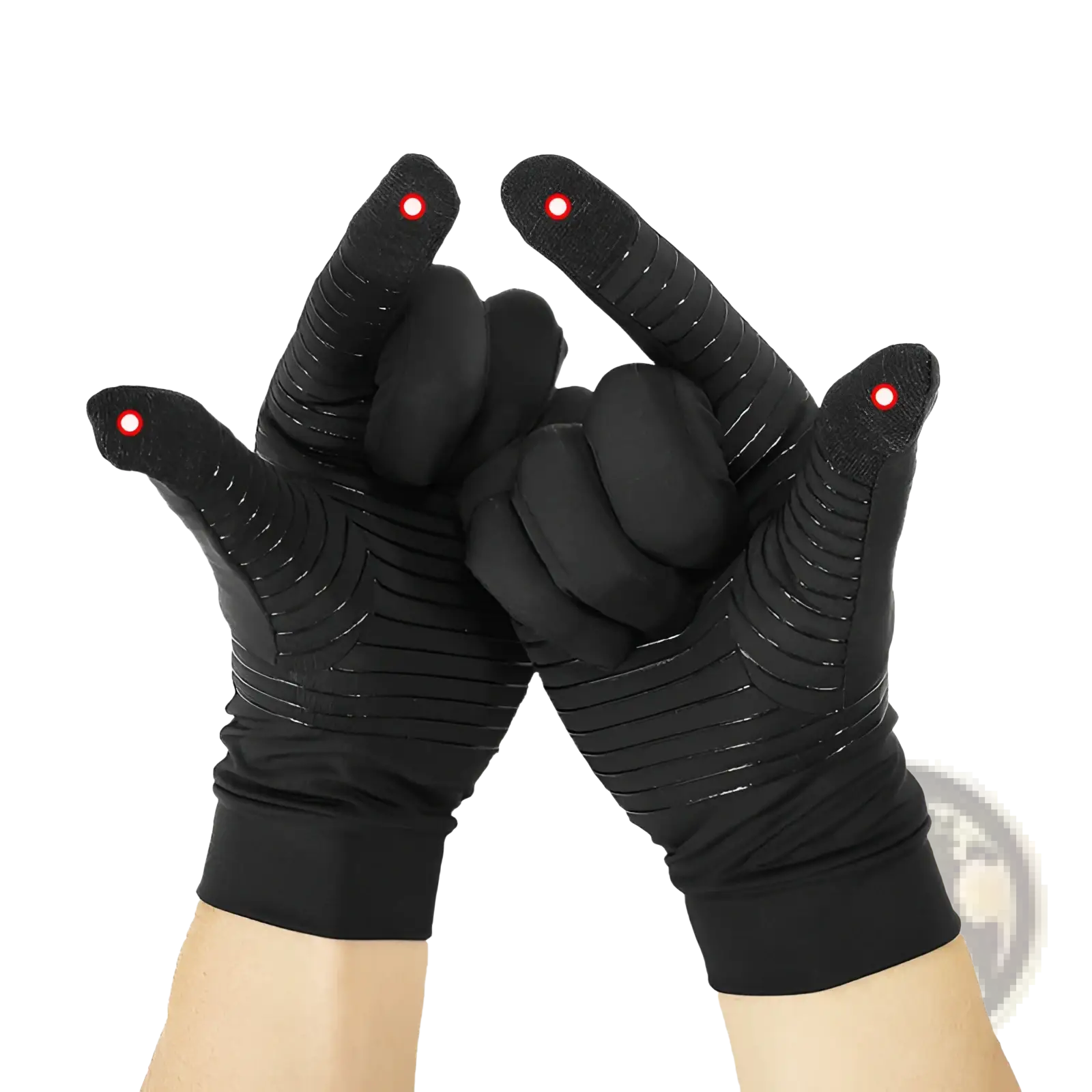 Black copper fiber touchscreen riding gloves for women with red led lights on fingertips showing back side