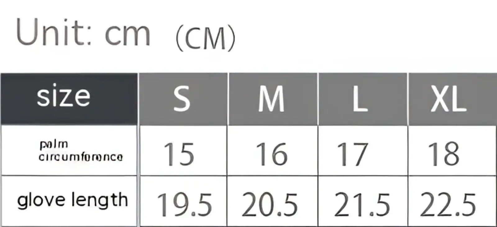 Size chart for copper fiber touchscreen riding gloves women showing measurements in centimeters from size s to xl
