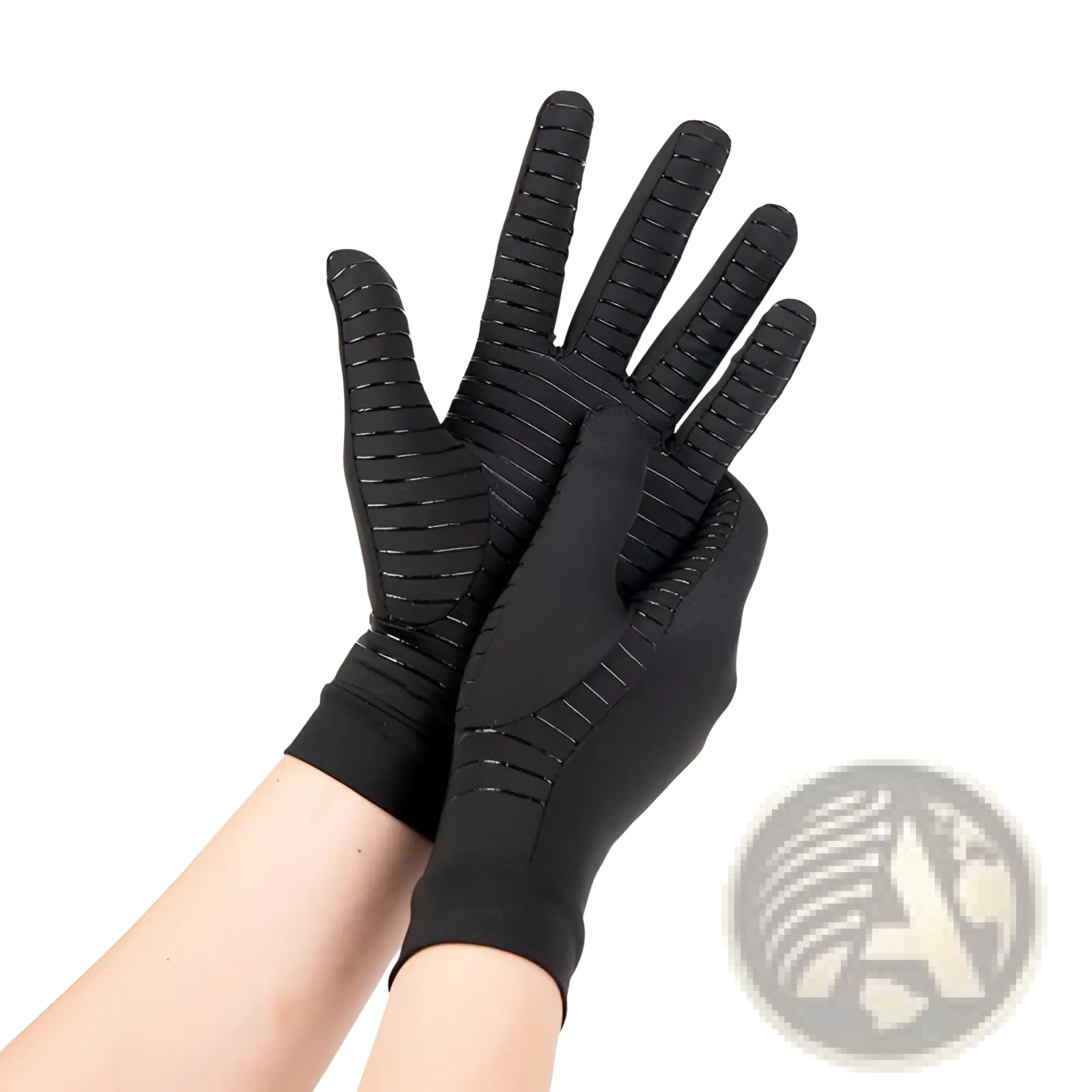 Black copper fiber touchscreen riding gloves for women with textured ribbed fingers and a snug fit shown from the back