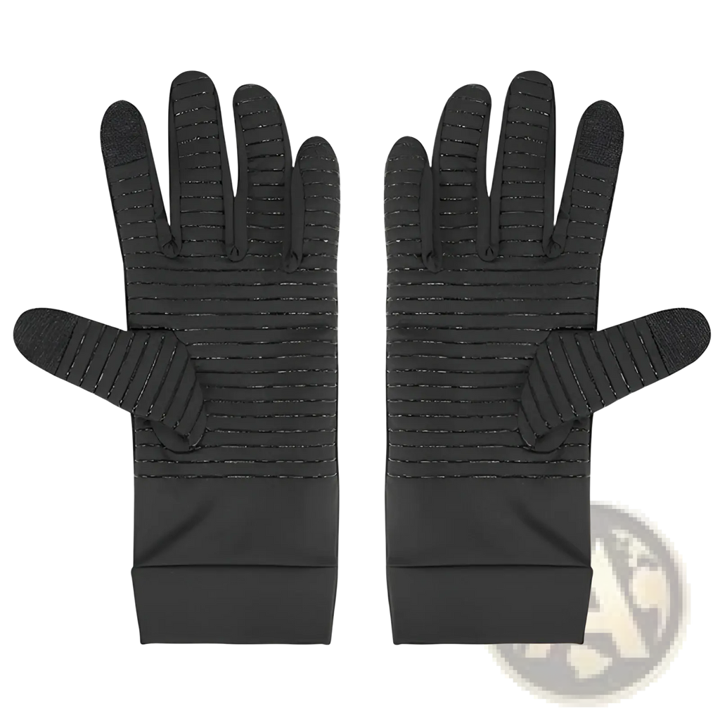 Black copper fiber touchscreen riding gloves with ribbed texture and elastic wrist cuffs shown from the back side