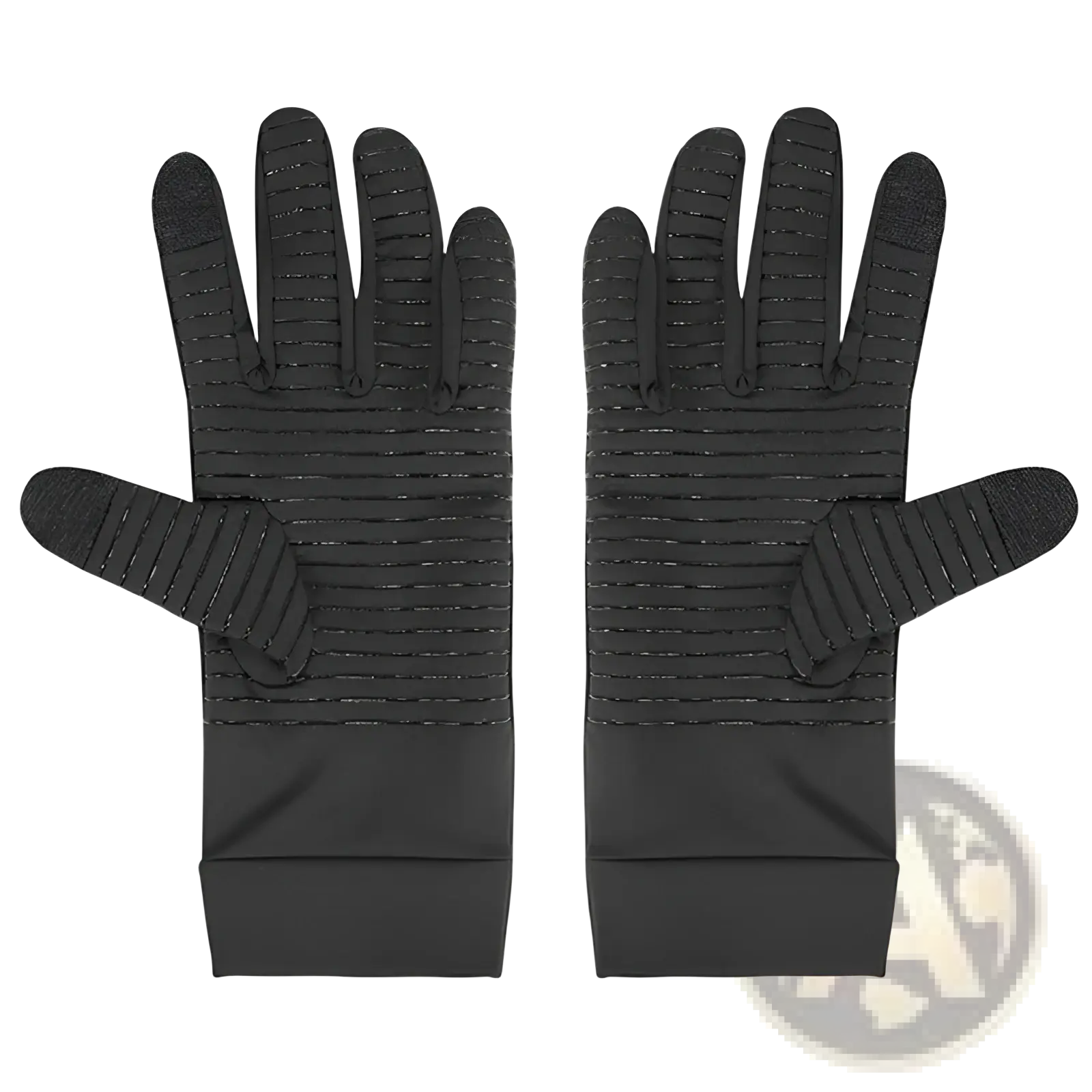 Black copper fiber touchscreen riding gloves with ribbed texture and elastic wrist cuffs shown from the back side