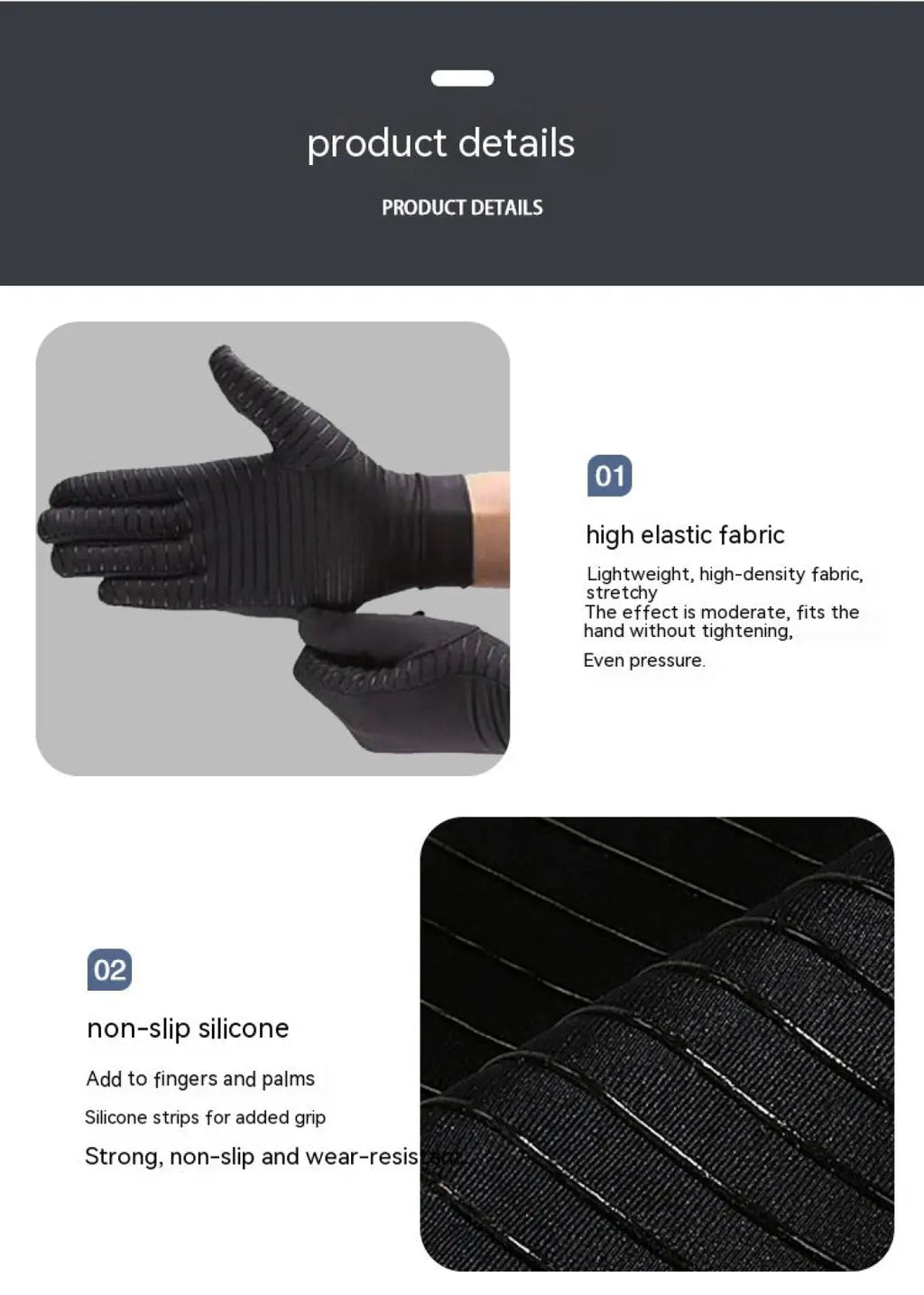 Black copper fiber touchscreen riding gloves made of high-elastic fabric with non-slip silicone grips on fingers and palms
