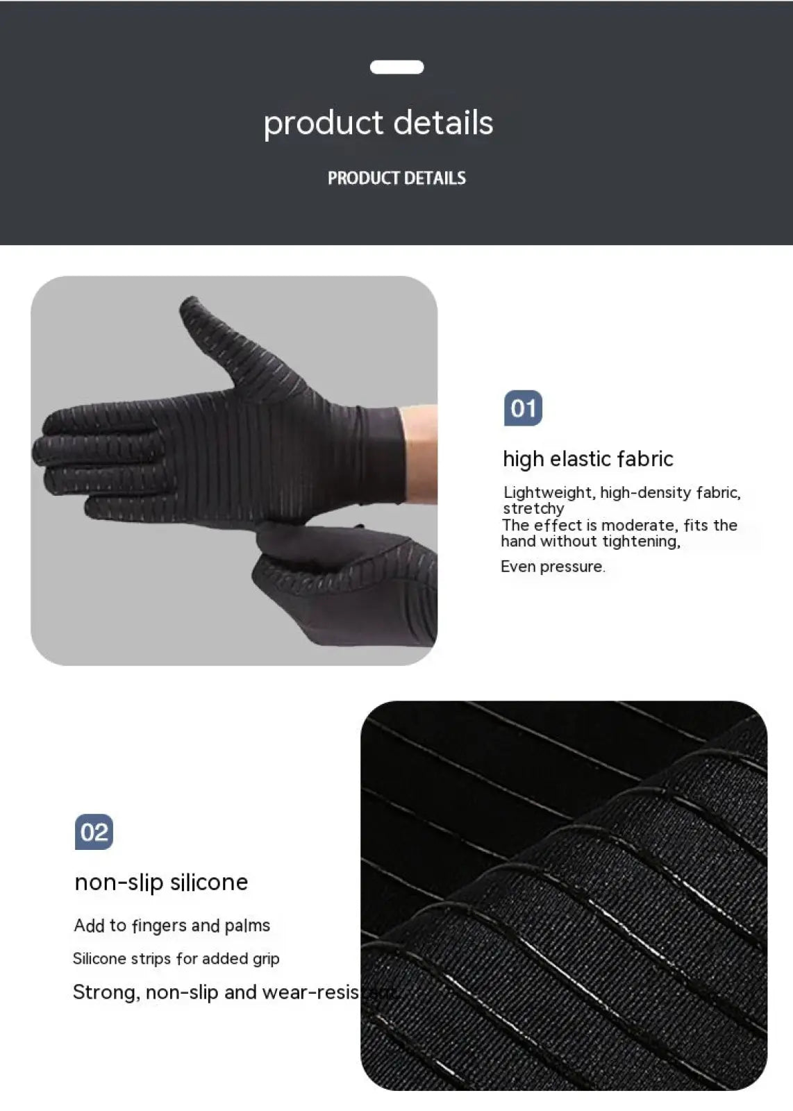 Black copper fiber touchscreen riding gloves made of high-elastic fabric with non-slip silicone grips on fingers and palms