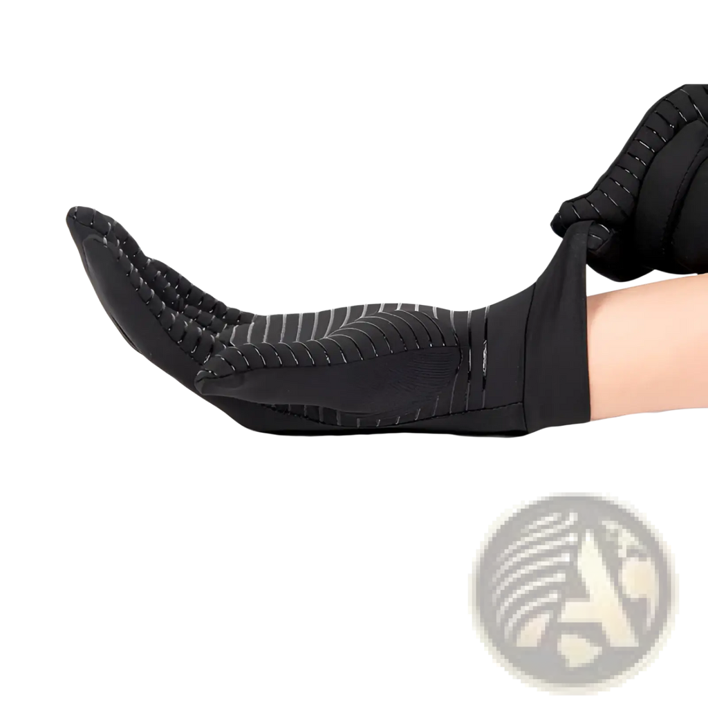 Black copper fiber touchscreen riding glove with textured grip panels and subtle gray stitching shown from back side