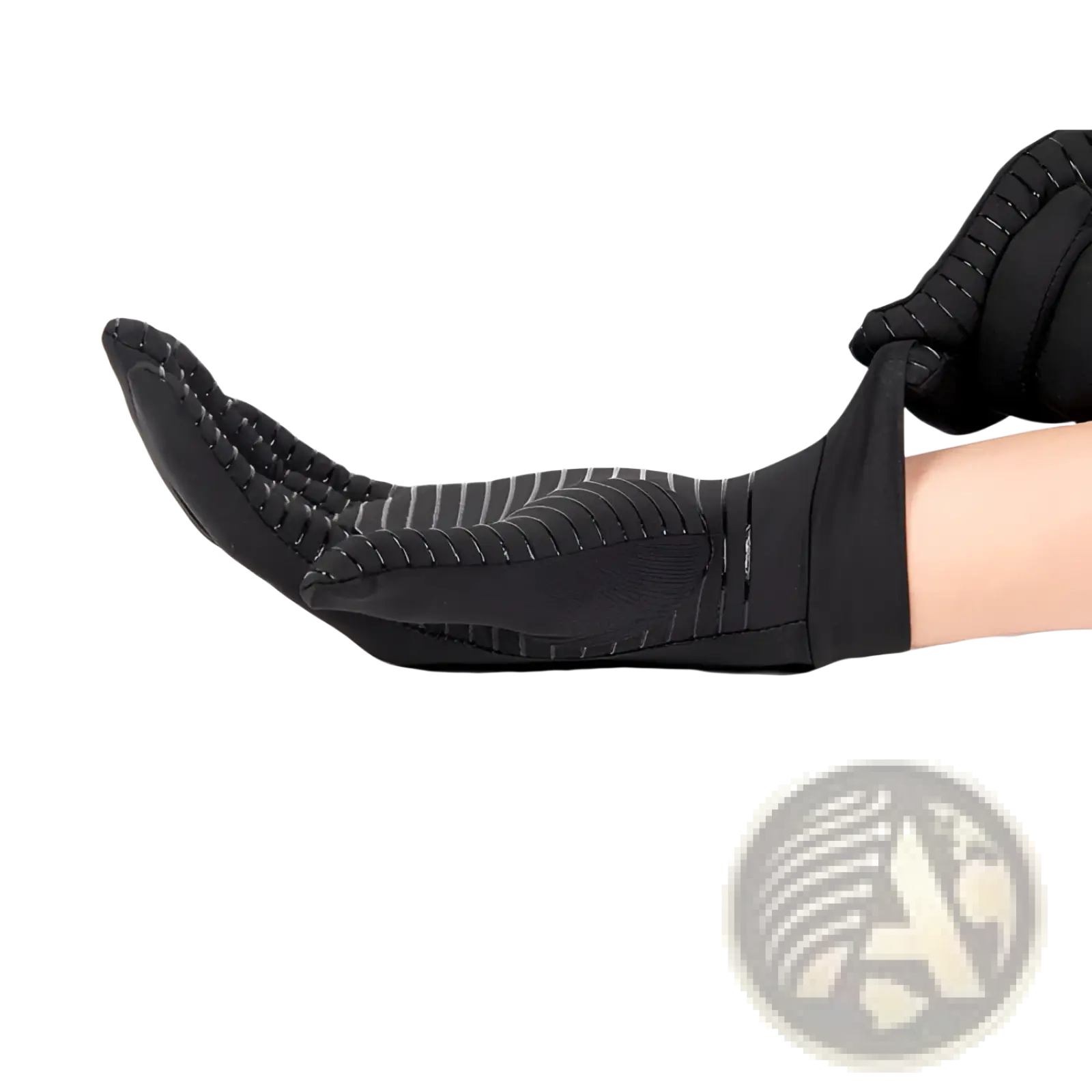 Black copper fiber touchscreen riding glove with textured grip panels and subtle gray stitching shown from back side