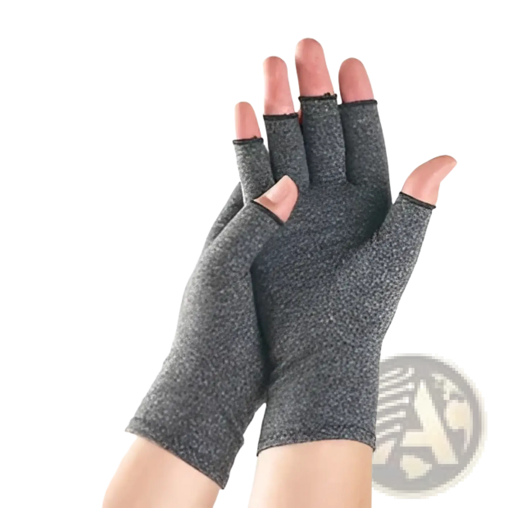 Gray fingerless copper fiber touchscreen riding gloves with textured knit fabric and elasticized cuffs back side view