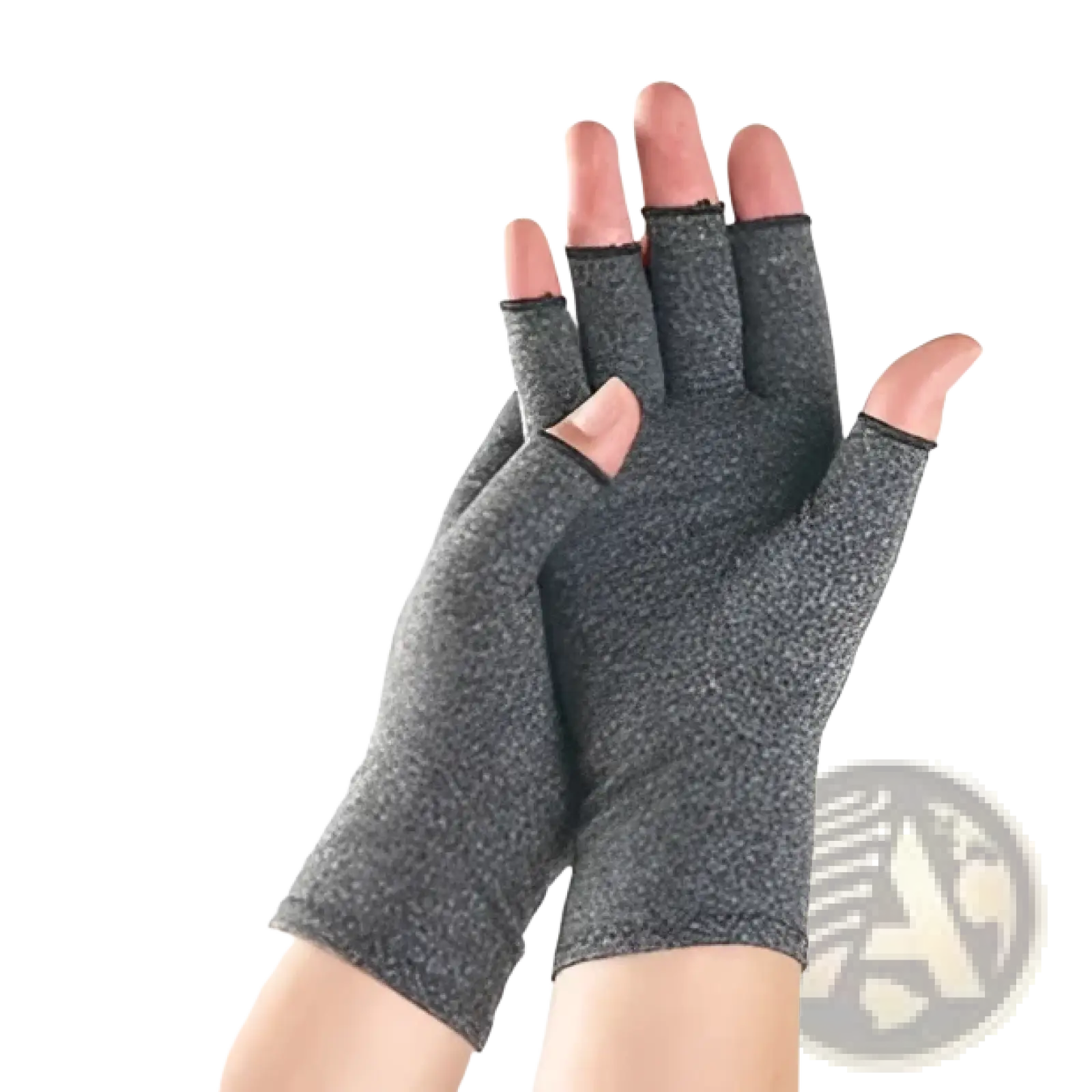 Gray fingerless copper fiber touchscreen riding gloves with textured knit fabric and elasticized cuffs back side view