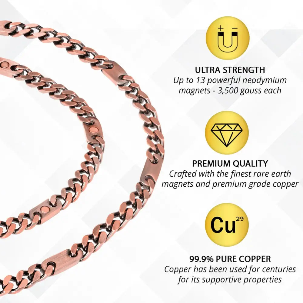 Rose gold copper magnetic therapy curb chain necklace with 13 neodymium magnets embedded in each link
