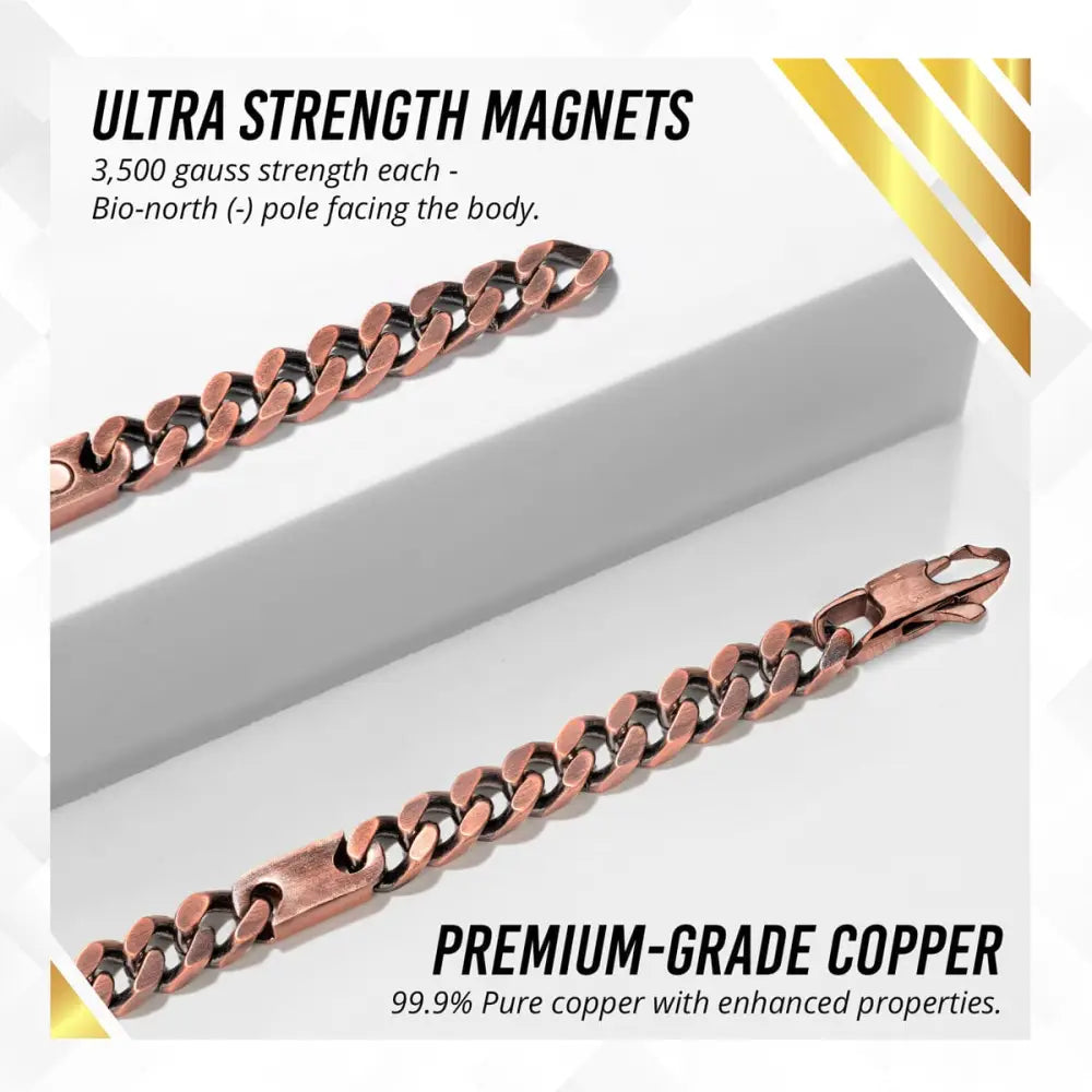 Rose gold copper magnetic therapy curb chain bracelet with interlocking links and polished finish