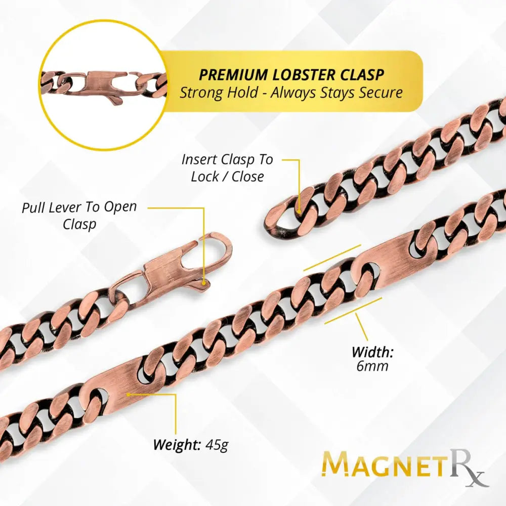 Rose gold copper magnetic therapy curb chain necklace with blackened finish and premium lobster clasp