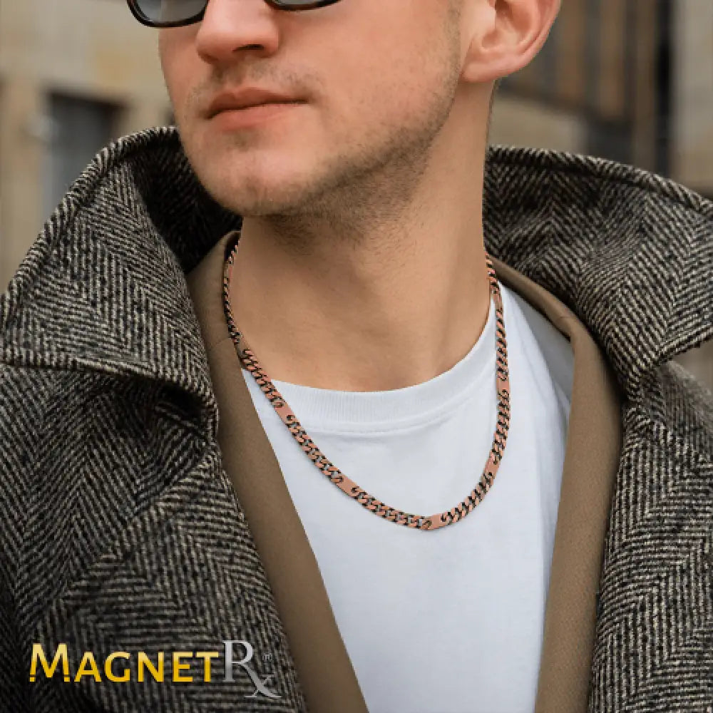 Rose gold copper magnetic therapy curb chain necklace with a bold interlocking link design in copper tone