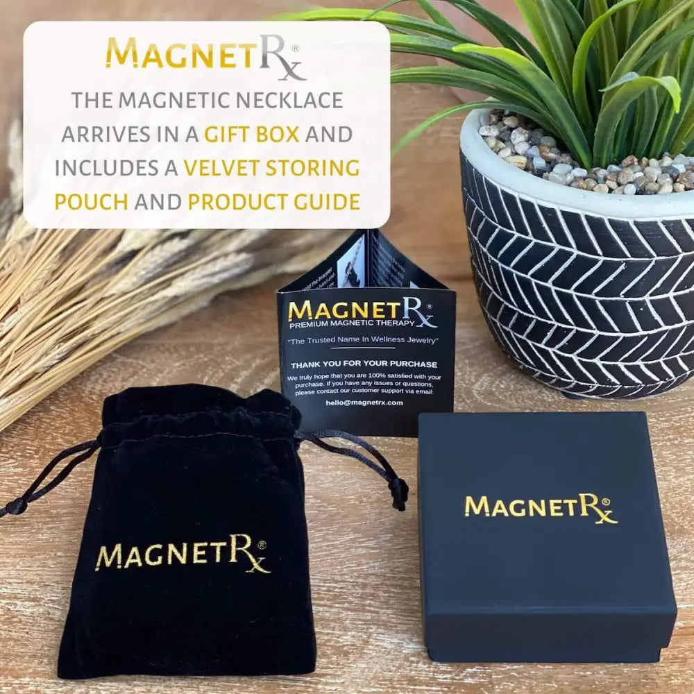 Black velvet drawstring pouch with gold magnetrx logo for rose gold copper magnetic therapy curb chain necklace