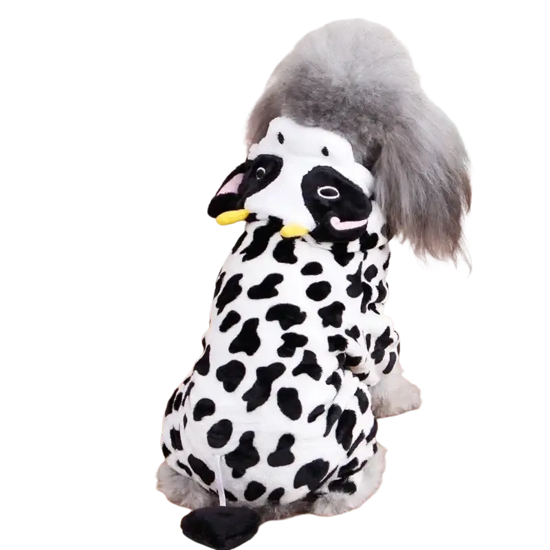 Coral fleece pet clothing for medium-sized dogs in a black and white cow-themed plush costume with yellow nose and gray tail