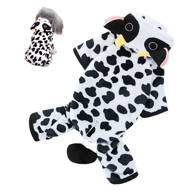 Adorable black and white cow-themed coral fleece pet clothing onesie with hood for small and medium-sized dogs
