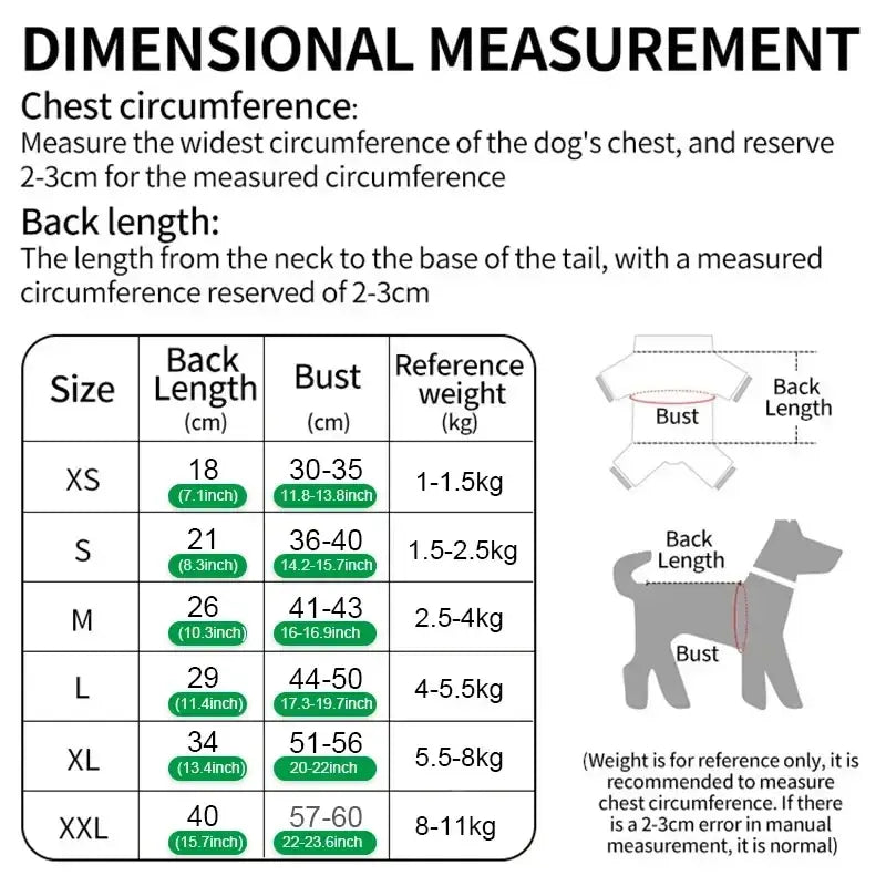 Sizing chart for coral fleece pet clothing for small and medium-sized dogs showing chest and back length measurements