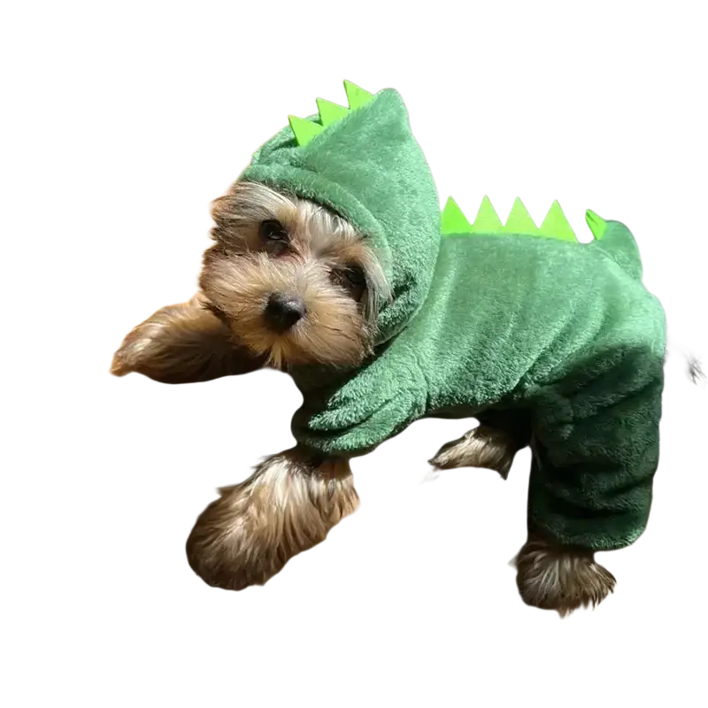 A fluffy tan dog wearing coral fleece pet clothing in a plush green dinosaur costume for medium-sized dogs