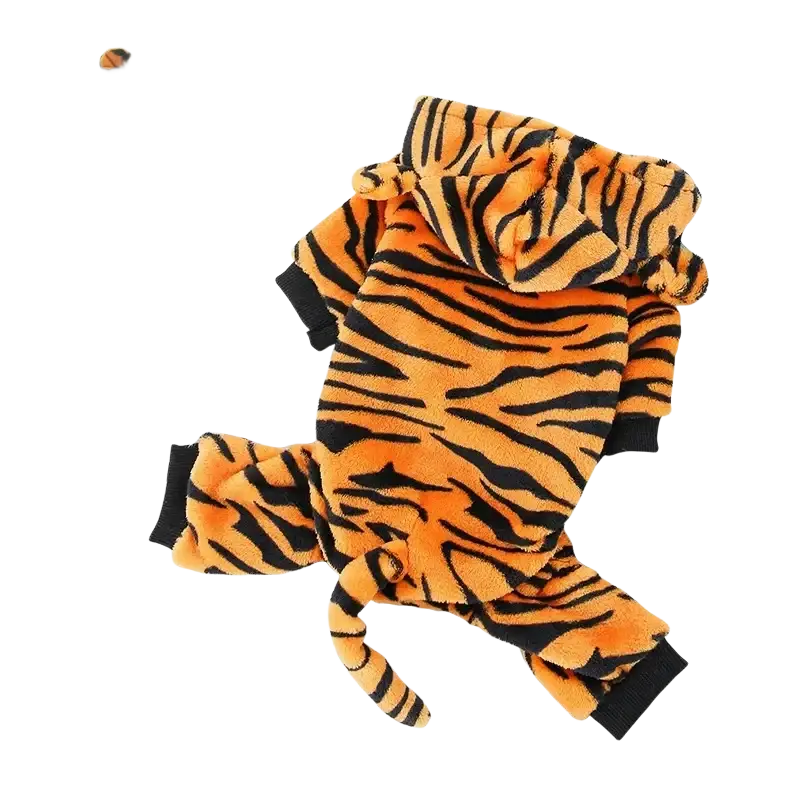 Orange and black tiger-striped coral fleece pet clothing onesie for small and medium-sized dogs