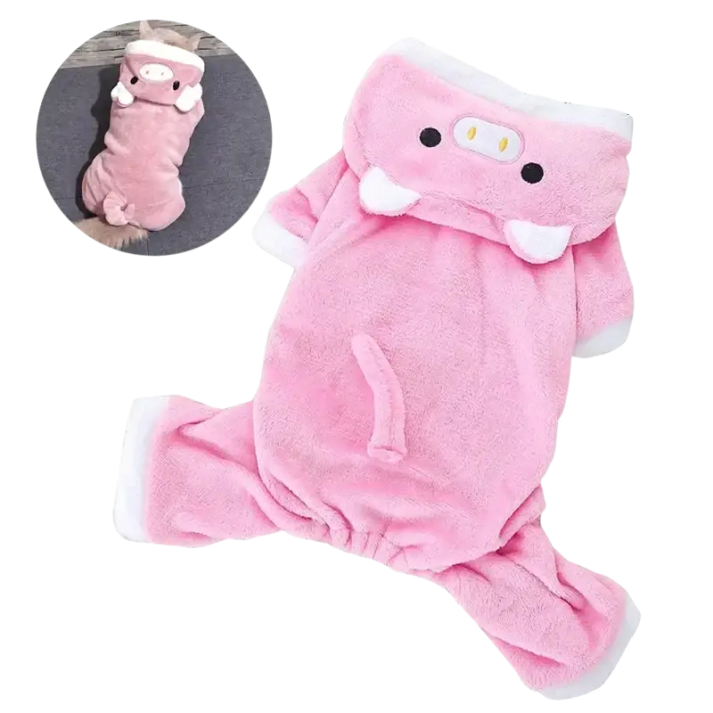 Pink plush pig costume with white trim coral fleece pet clothing designed for small and medium-sized dogs