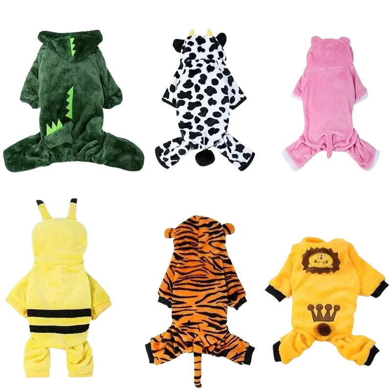 Coral fleece pet clothing in green, spotted black and white, pink striped, orange tiger print, and yellow lion for medium-sized dogs