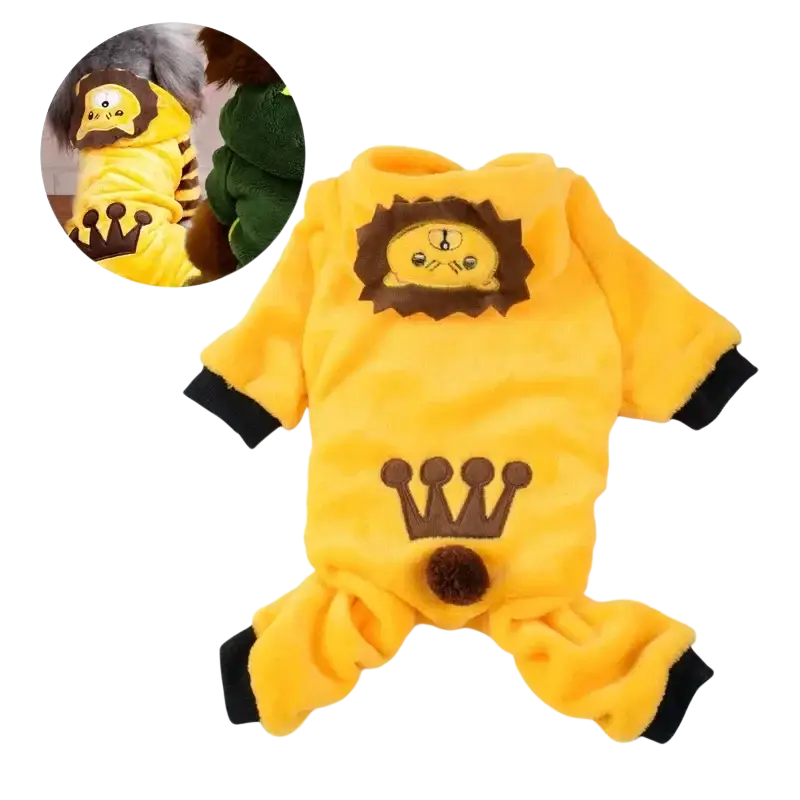Yellow coral fleece plush lion-themed pet clothing with brown embroidery and pom-pom tail for medium-sized dogs
