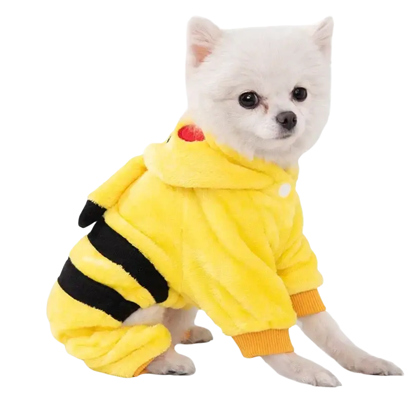 Yellow plush pikachu-themed coral fleece pet clothing for small and medium-sized dogs with black stripes and red cheeks