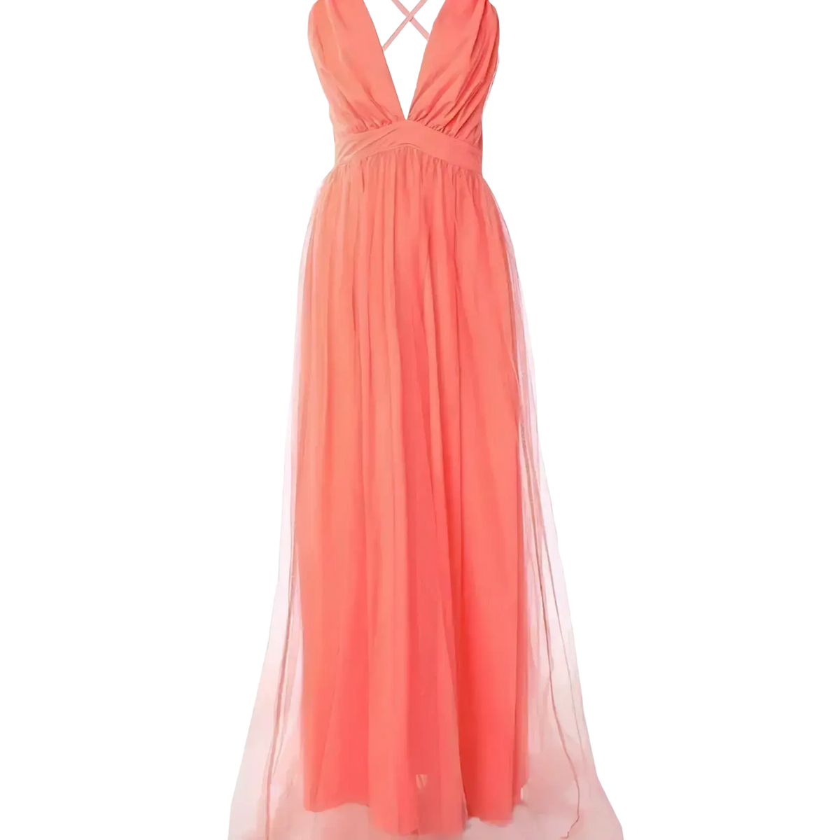 Coral open back v-neck maxi dress showing back side with halter neckline and layered chiffon for airy silhouette