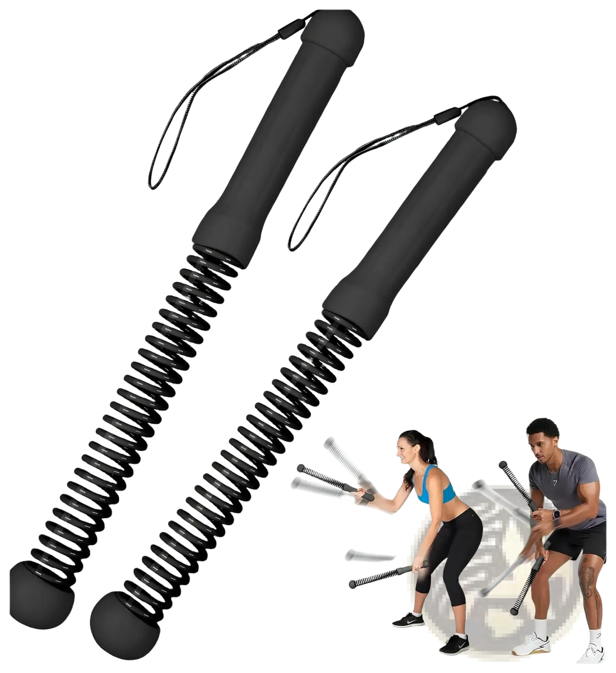 Black cordless battle ropes weighted jump rope with spring-loaded resistance sticks ergonomic handles and wrist straps
