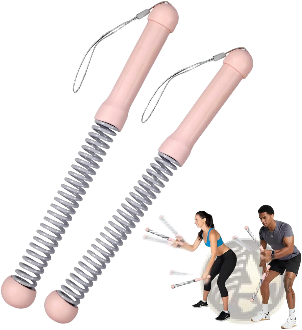 Pink-handled cordless battle ropes weighted jump rope with gray spring resistance coils and carrying loops