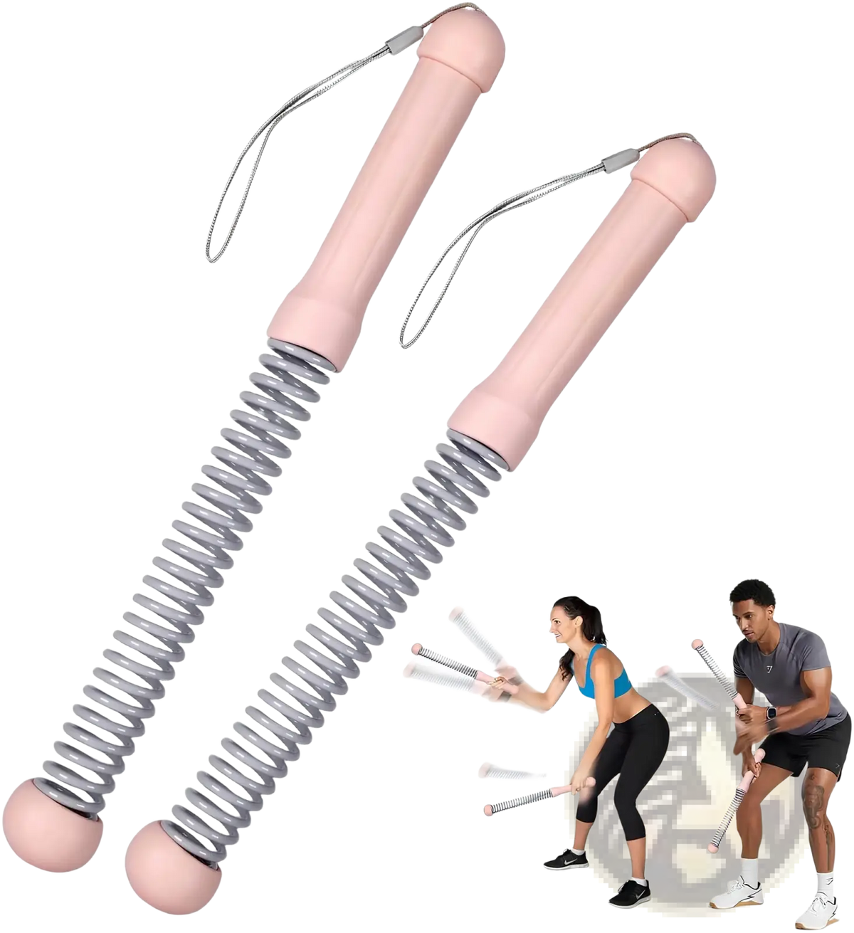 Pink-handled cordless battle ropes weighted jump rope with gray spring resistance coils and carrying loops