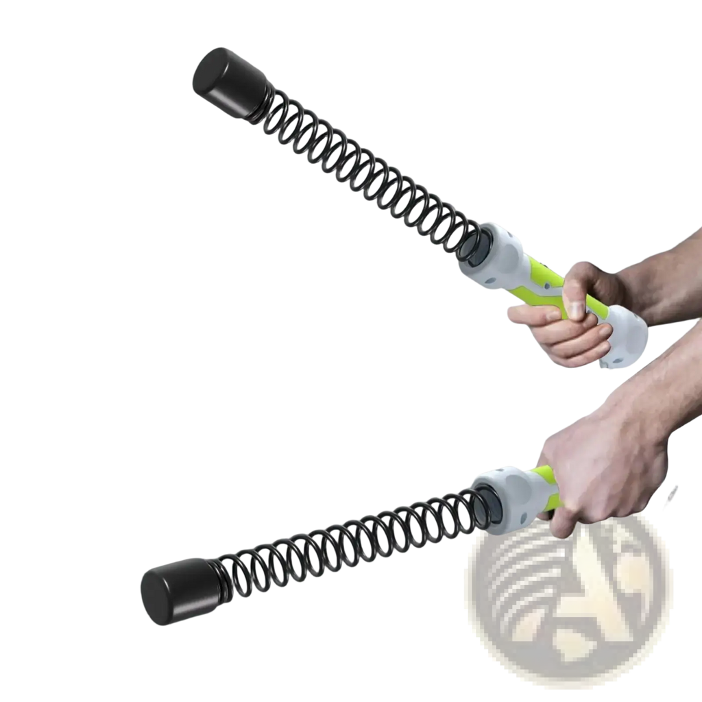Cordless battle ropes weighted training equipment with green and white handheld spring resistance tool and black metal coils