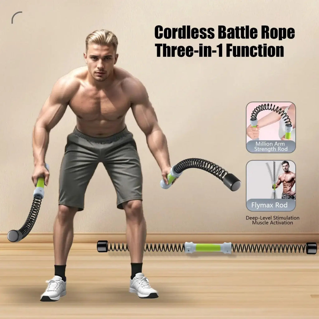 Cordless battle rope with black coiled spring and green handles for three in one weighted strength training equipment