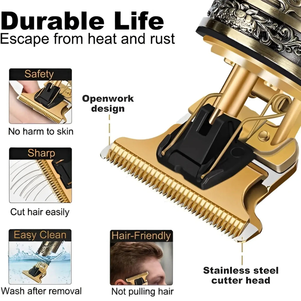 Gold-colored cordless hair clippers with stainless steel cutter head and ornate engraved metallic accents for professional use
