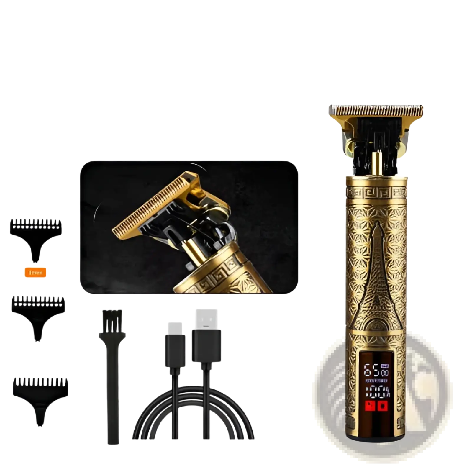 Gold-colored cordless professional hair clipper with intricate engraved design and digital display for barbers