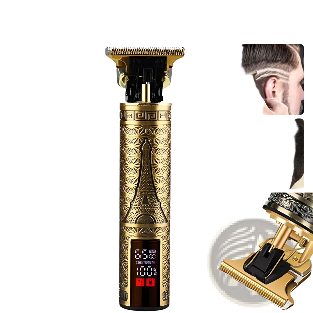 Gold-colored cordless electric hair clipper with intricate eiffel tower engraving and digital display for professional barber use