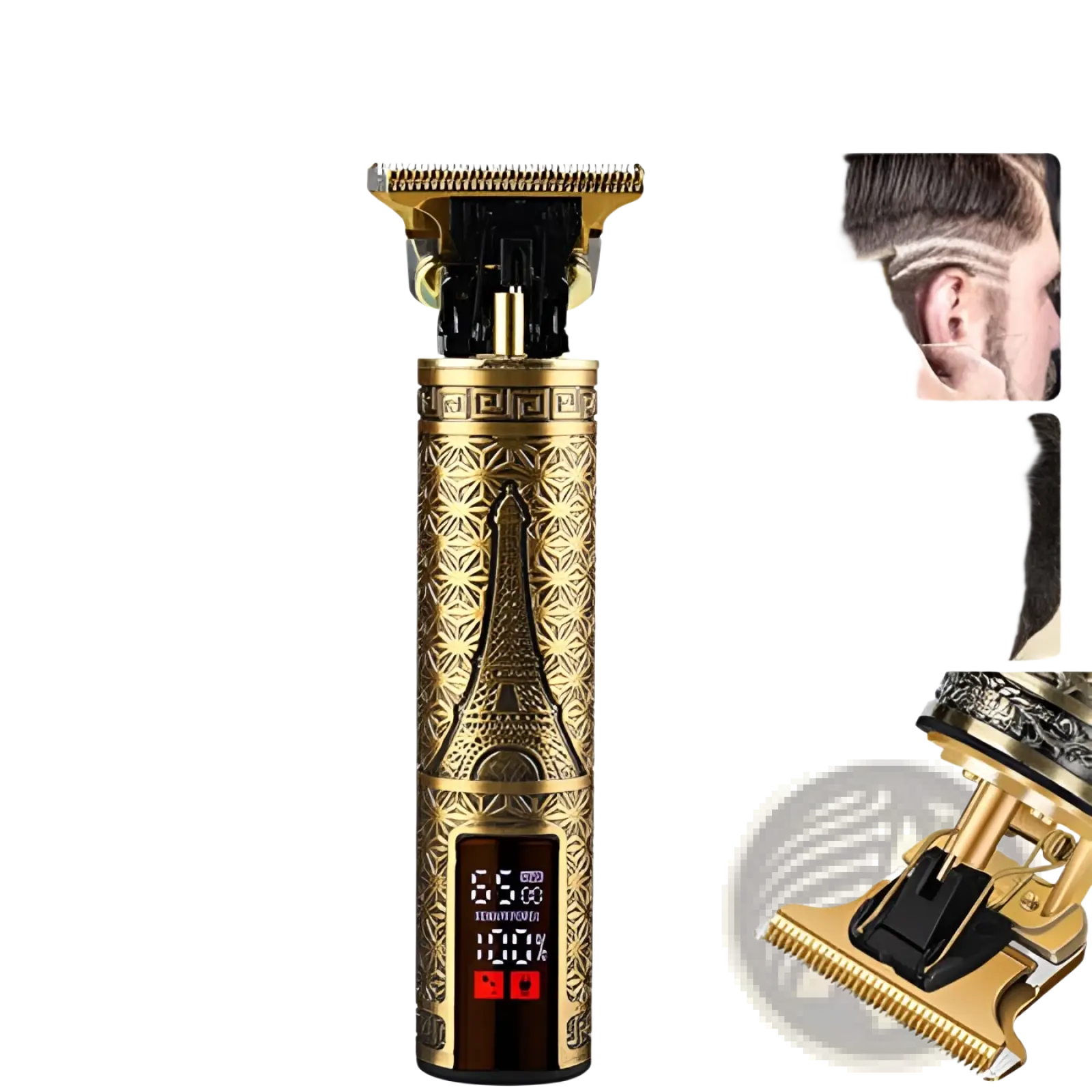 Gold-colored cordless electric hair clipper with intricate eiffel tower engraving and digital display for professional barber use