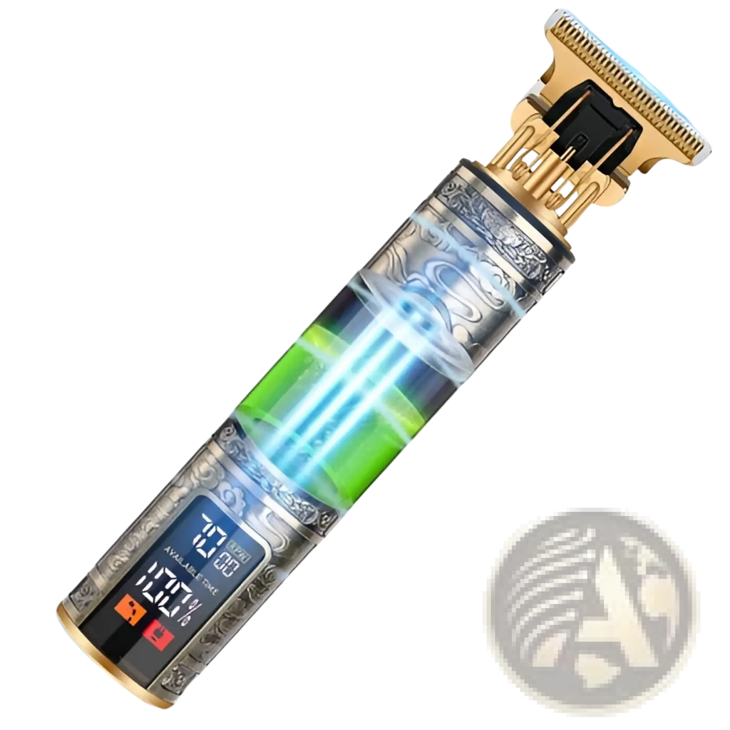 Cordless hair clippers professional gold barber trimmer with intricate silver engraving and digital battery display