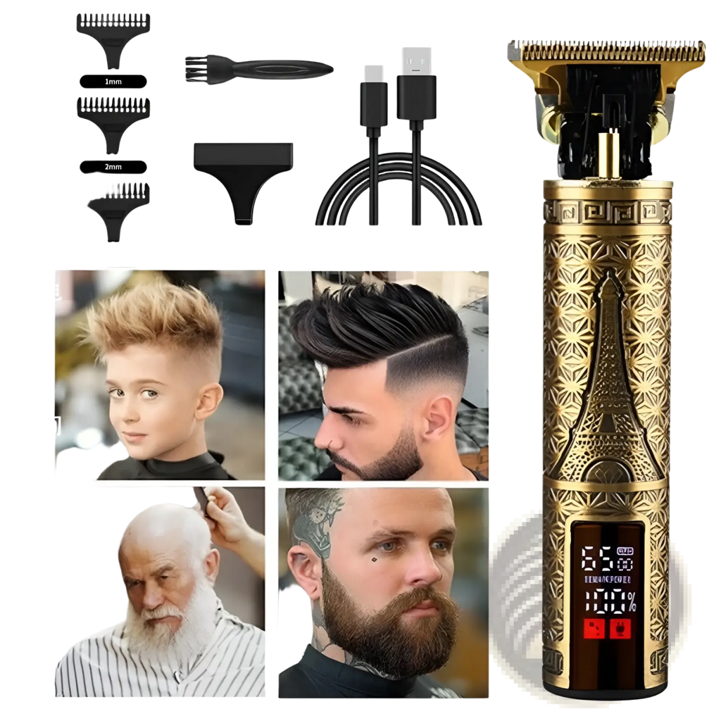 Gold-colored cordless hair clippers professional trimmer with engraved eiffel tower design and digital display