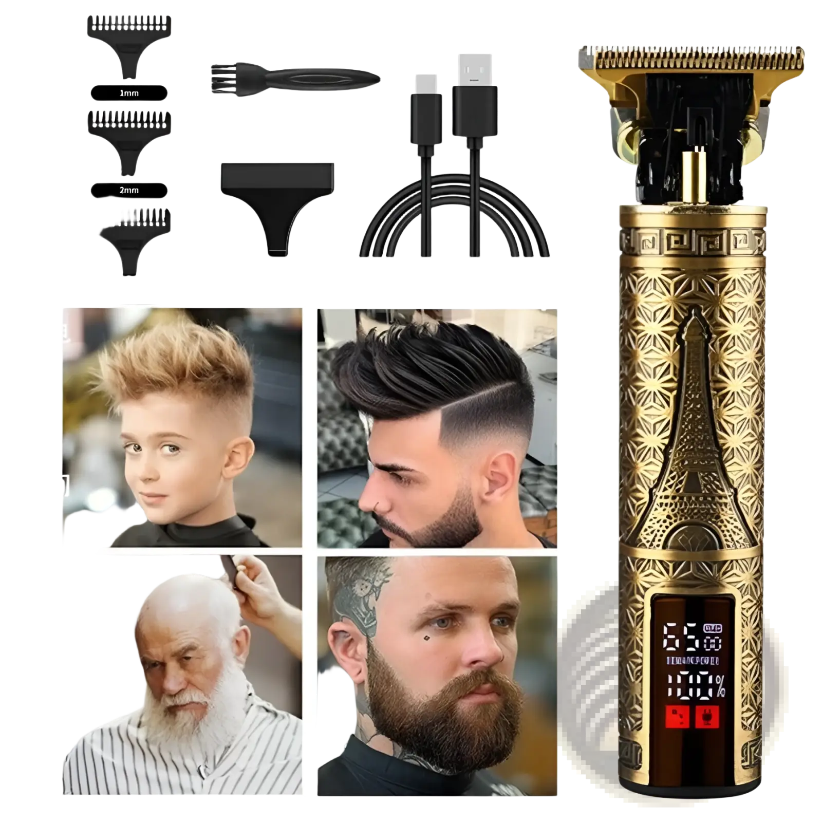 Gold-colored cordless hair clippers professional trimmer with engraved eiffel tower design and digital display