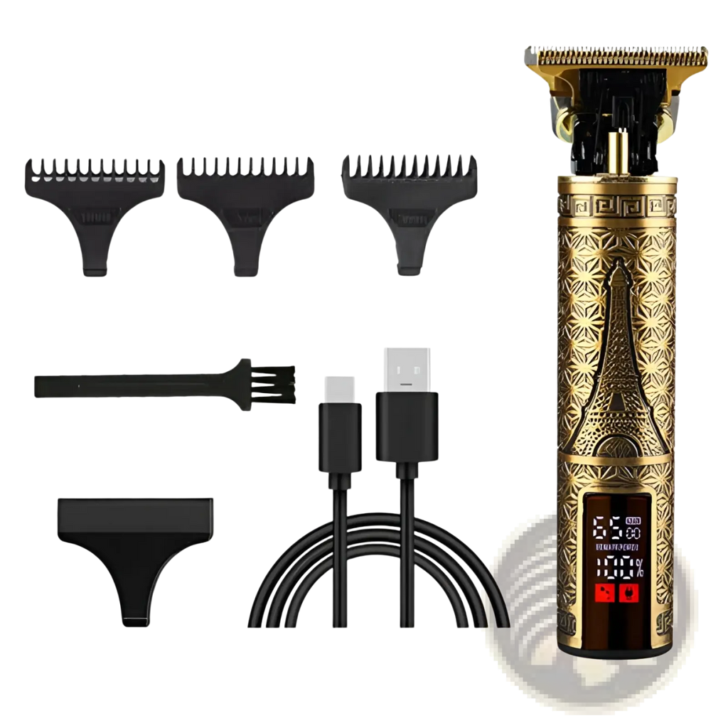 Gold cordless electric hair trimmer with ornate eiffel tower design and digital display for professional barber use