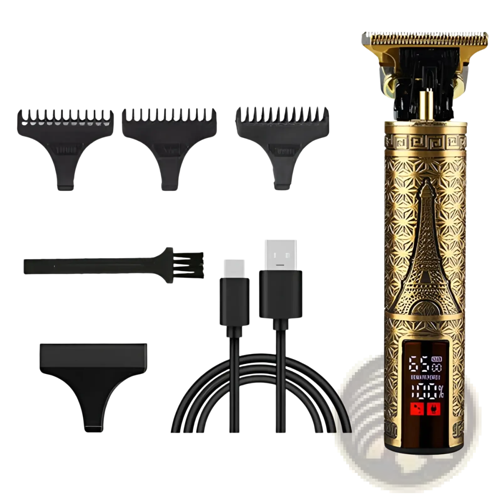 Gold cordless electric hair trimmer with ornate eiffel tower design and digital display for professional barber use