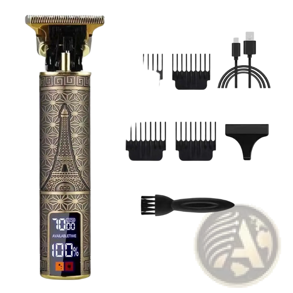 Gold-toned cordless professional electric hair trimmer with ornate Eiffel Tower design and digital display