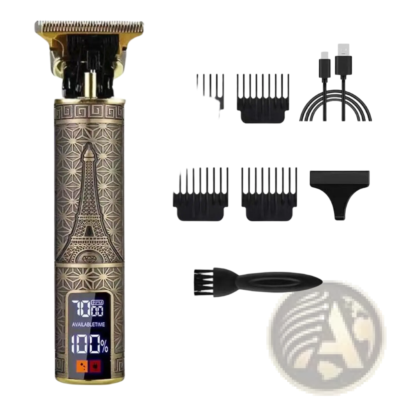 Gold-toned cordless professional electric hair trimmer with ornate Eiffel Tower design and digital display