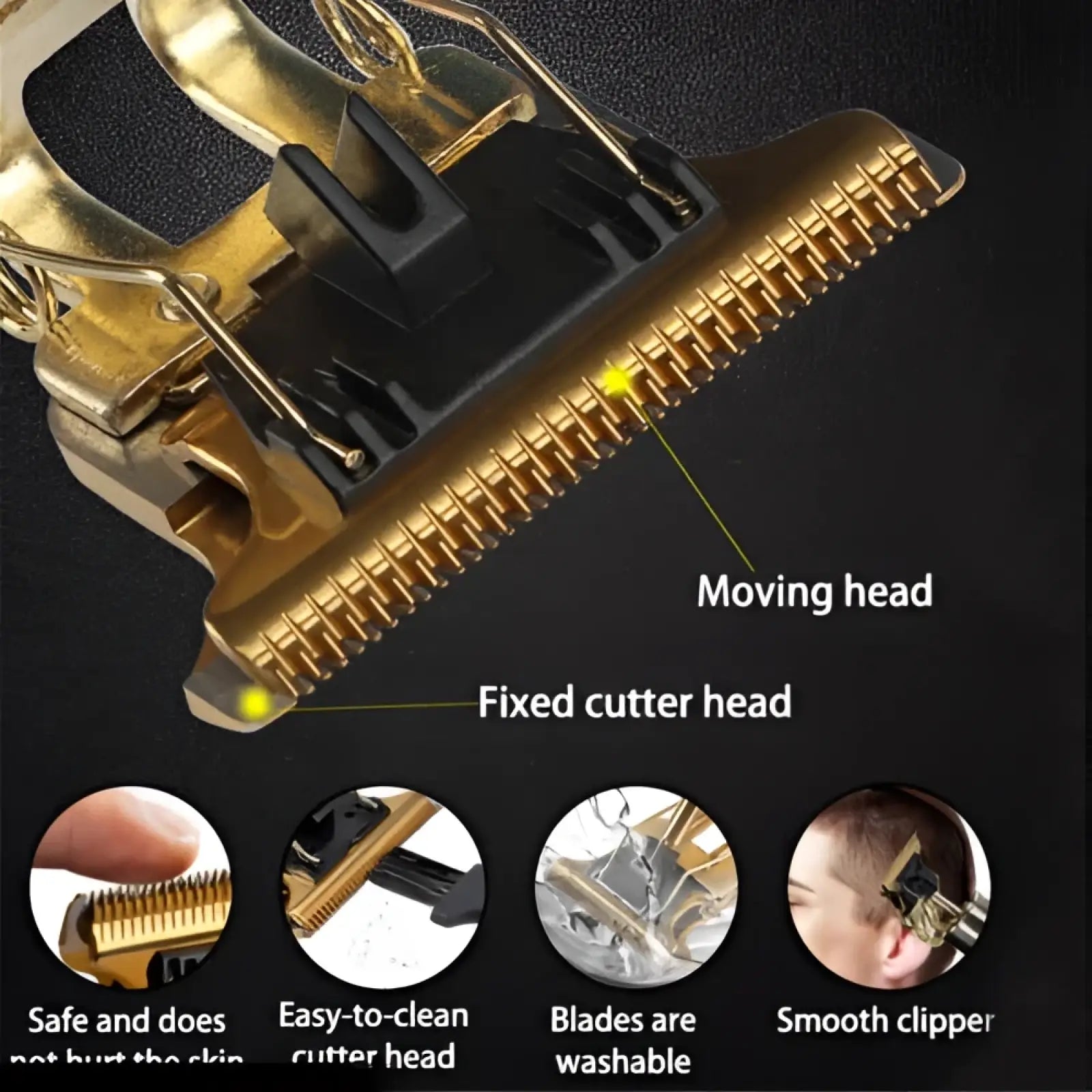 Gold and black cordless hair clippers with moving head and fixed cutter head design for professional barber trimming