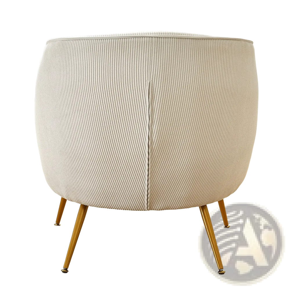 Cream-colored corduroy accent chair with slender gold-tone metal legs in beige for stylish seating
