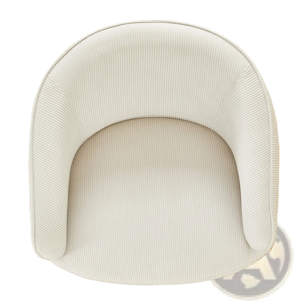 Cream-colored corduroy accent chair with rounded cushioned back and gold legs in beige upholstery
